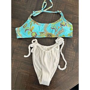Aerie Blue Halter Top and White High Cut High Leg Cheeky Bikini Large
